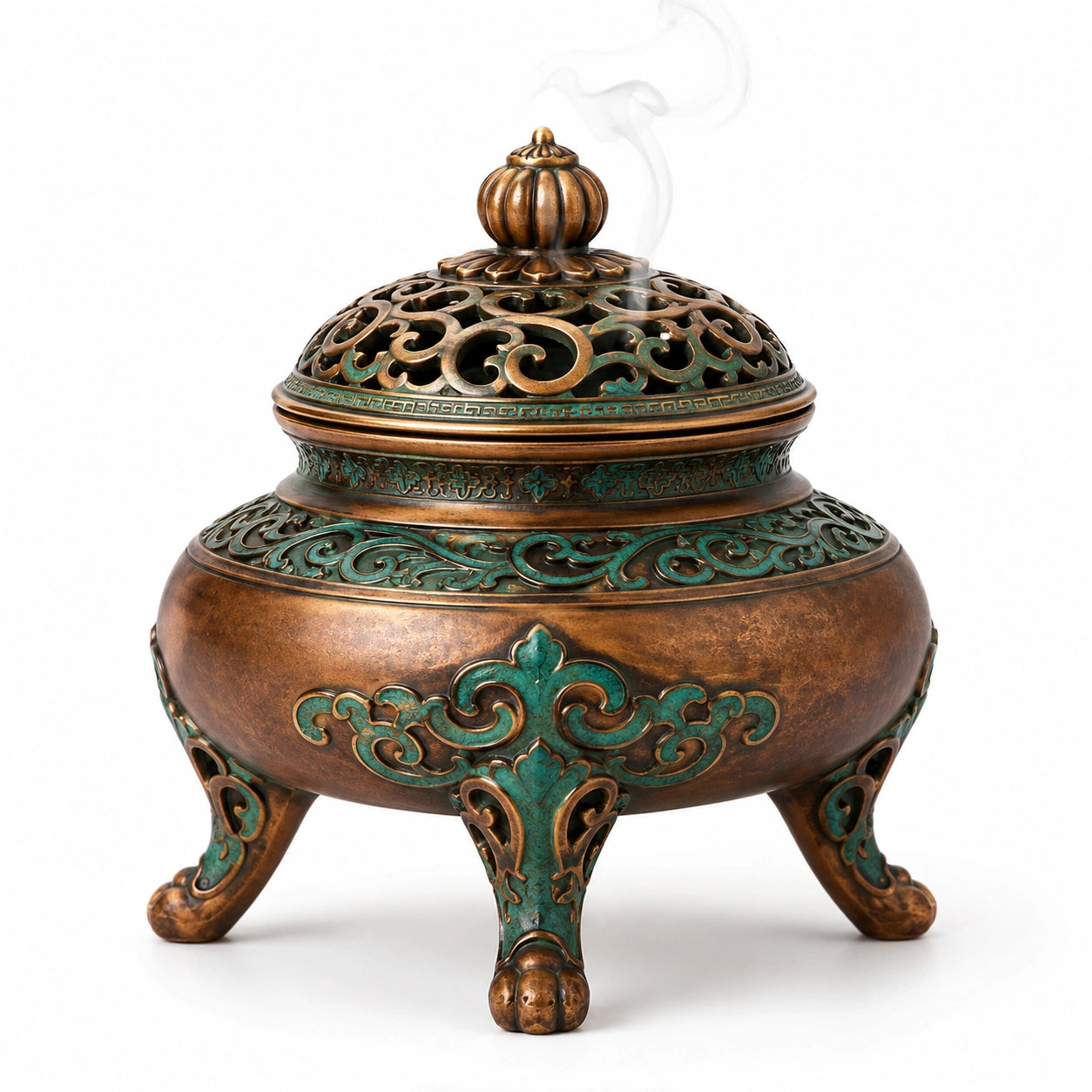 Bronzener Weihrauchbrenner mit Ornamentmuster in Bronze/Grün