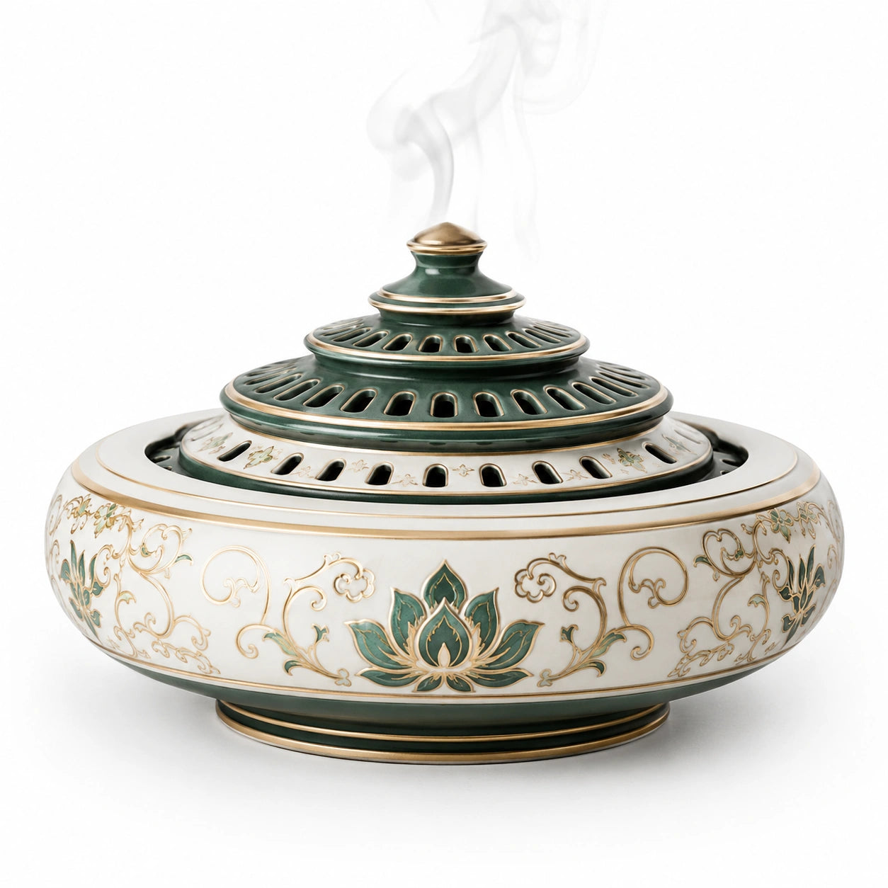 Lotus-Räuchergefäß mit floralem Design in Grün und Gold