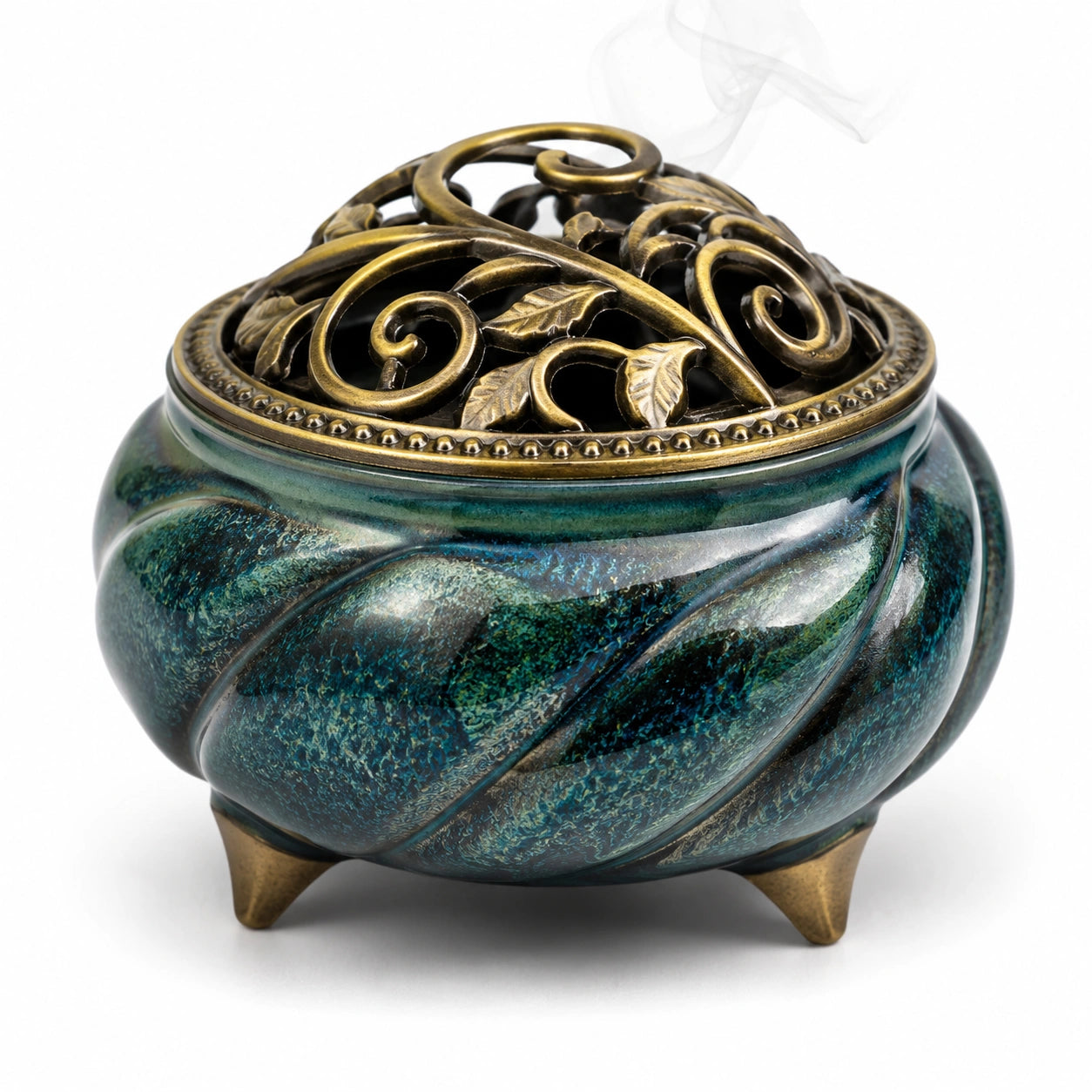 Keramik-Räuchergefäß mit bronzefarbenem Deckel, Blau/Gold