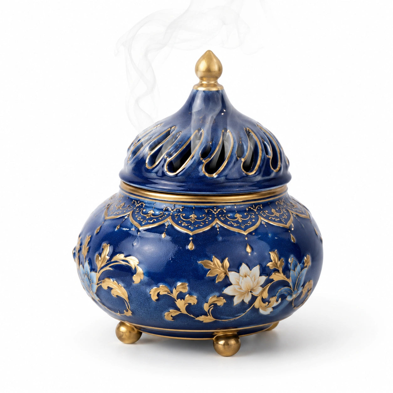Blau-Goldenes Keramik-Räuchergefäß mit Blumenmuster