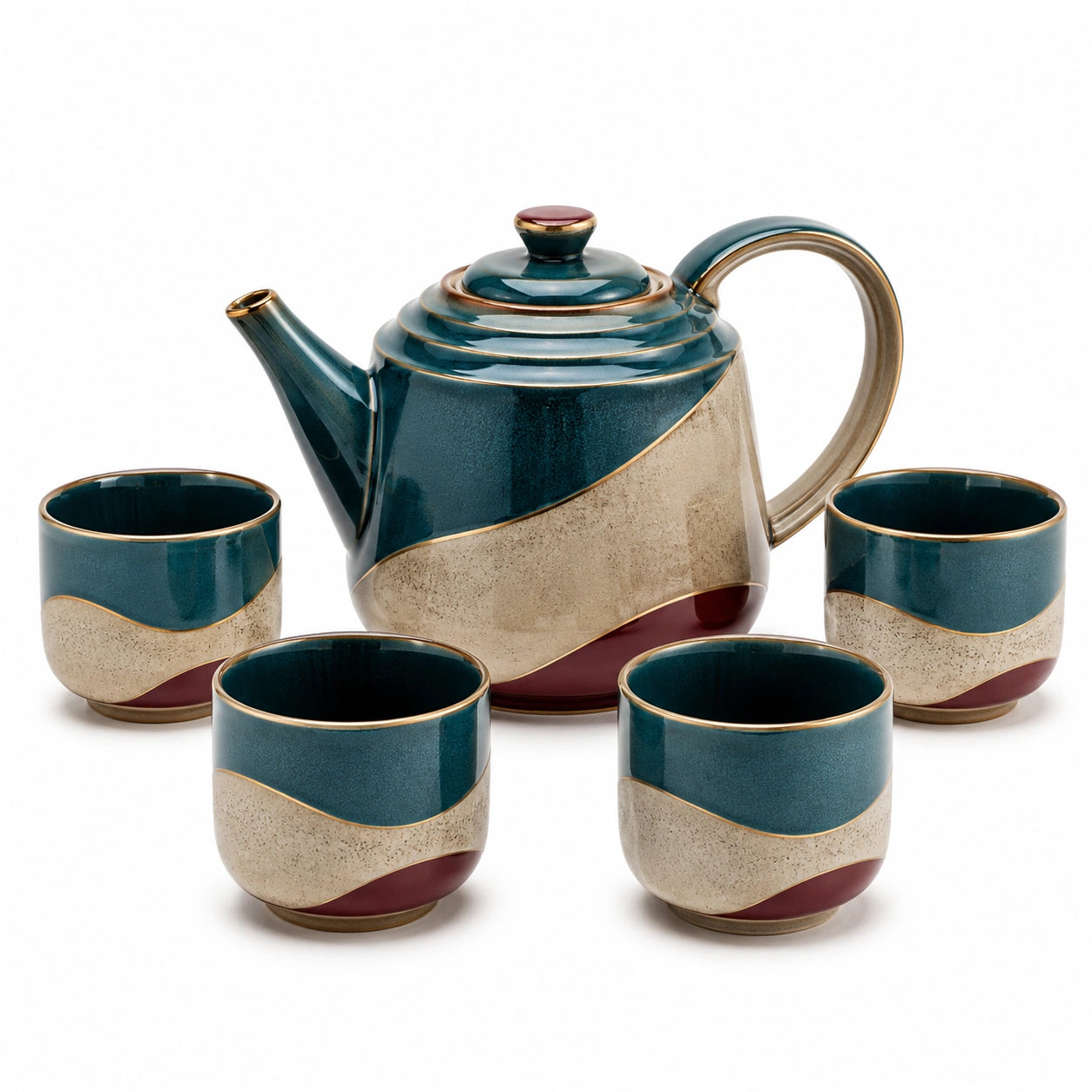 Teeservice Keramik 5-teilig Blau/Beige, Wellenform-Design