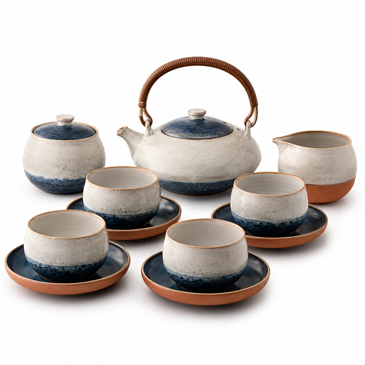Handgefertigtes Keramik Teeservice Set 11-teilig in Blau und Naturtönen