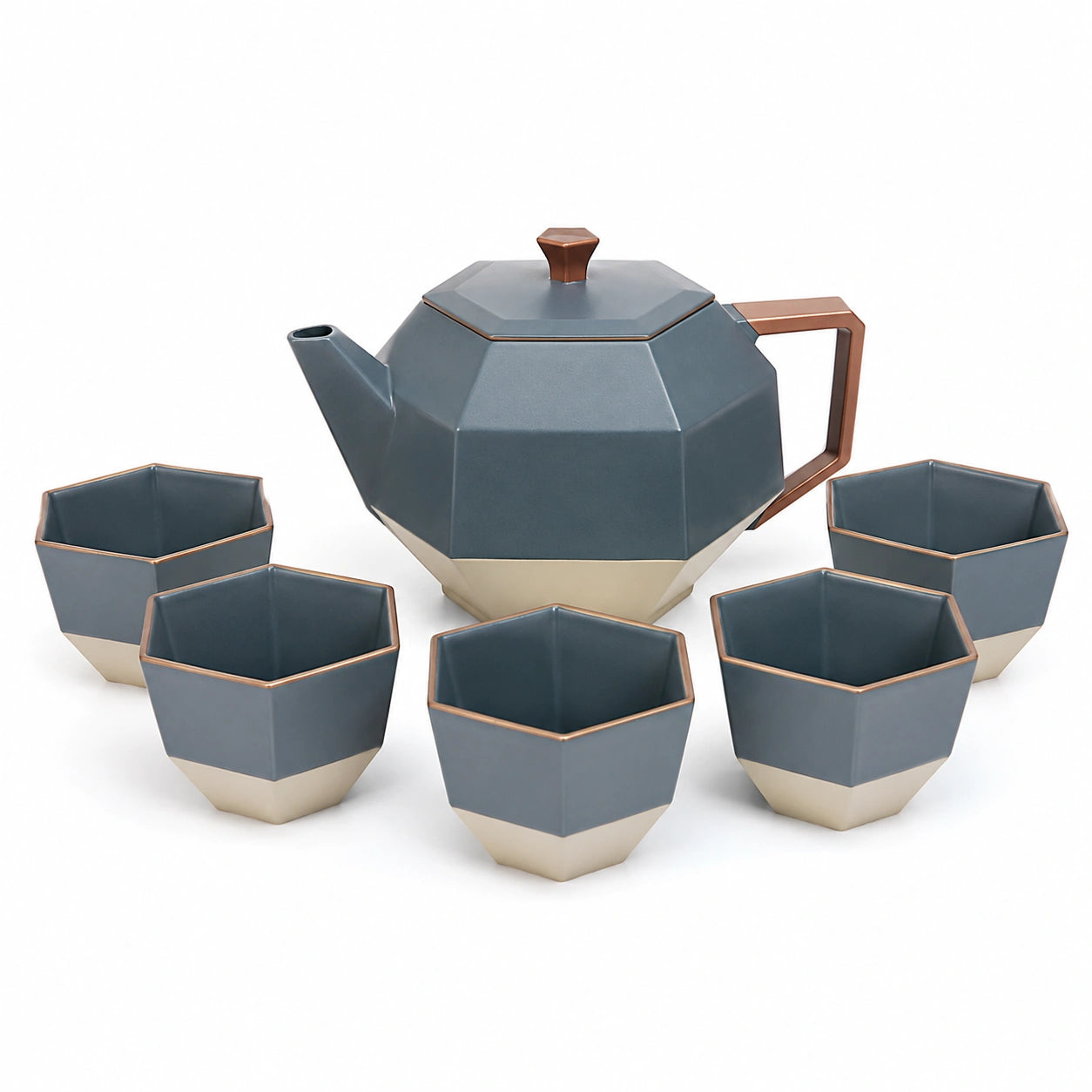 Geometrisches Teeservice-Set mit Teekanne und 5 Tassen, Blau/Beige