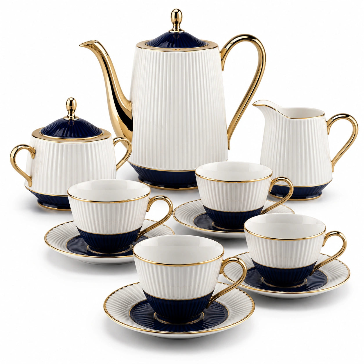 11-teiliges Kaffeeservice-Set in Weiß/Gold Blau mit Goldrand