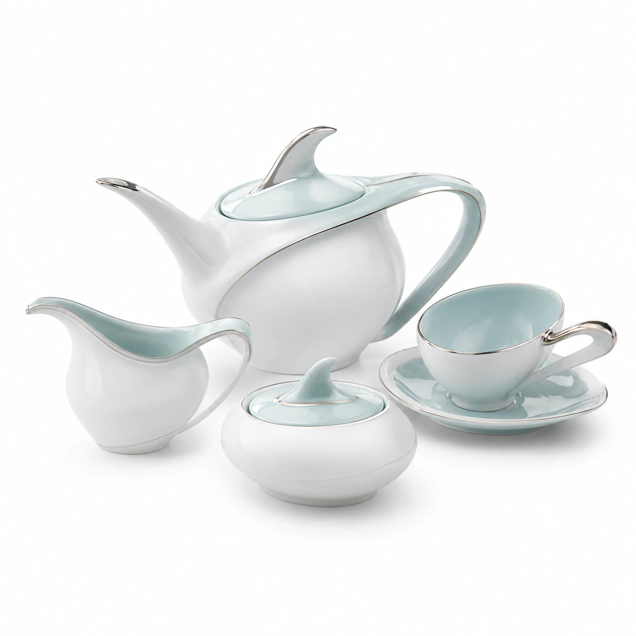5-teiliges Teeservice Set in Weiß und Hellblau