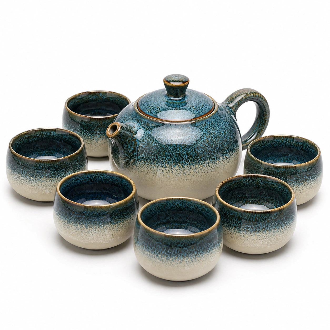 7-teiliges Keramik-Teeservice-Set in Blau und Beige