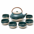 7-teiliges Keramik-Teeservice in Blau und Beige