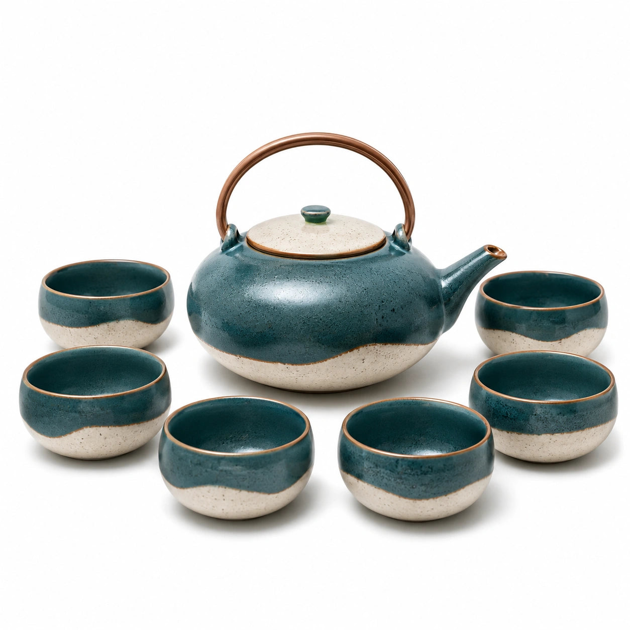 7-teiliges Keramik-Teeservice in Blau und Beige