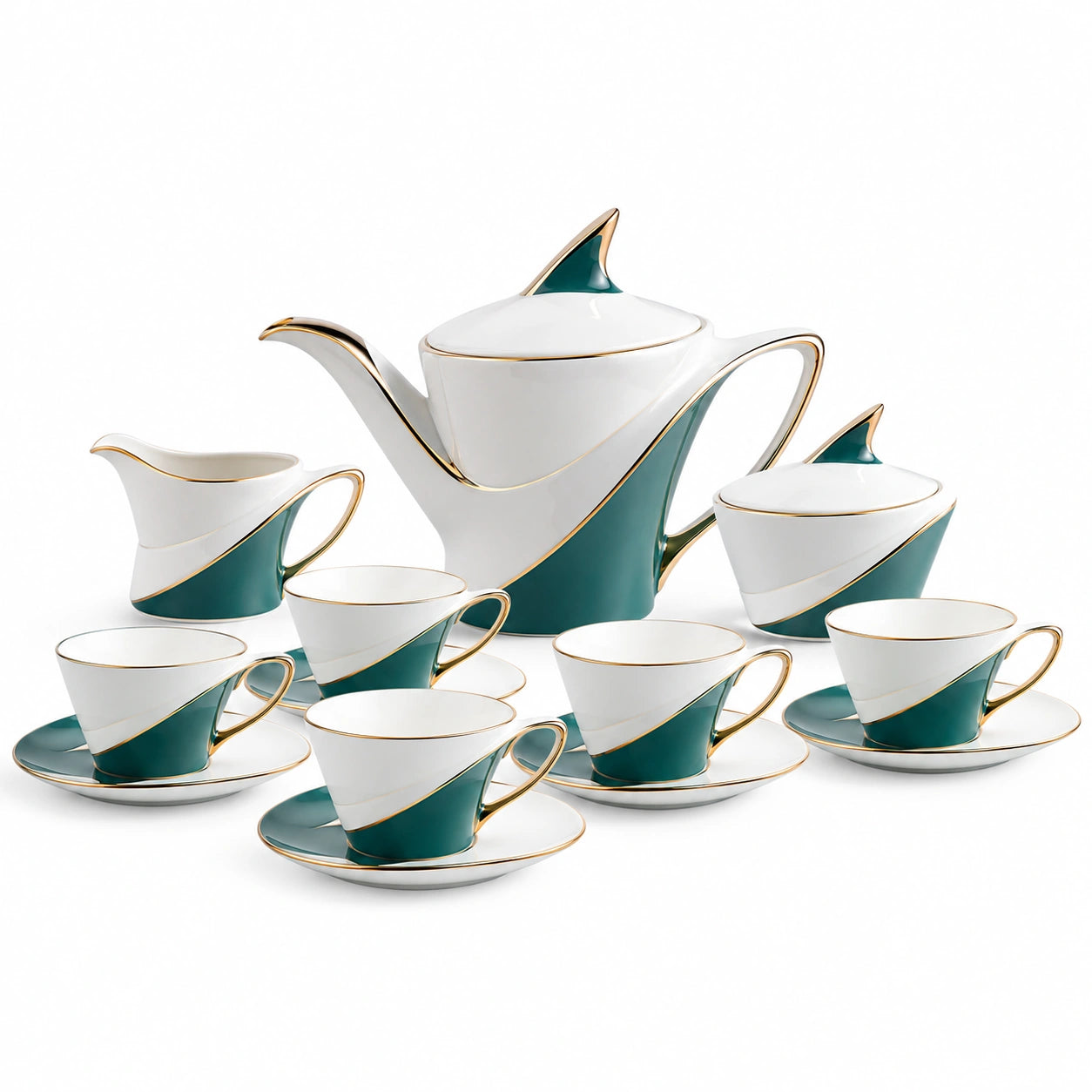 Elegantes 13-teiliges Teeservice in Grün mit Goldakzenten