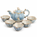Blaues Keramik-Teeservice mit Goldrand, 5 Tassen