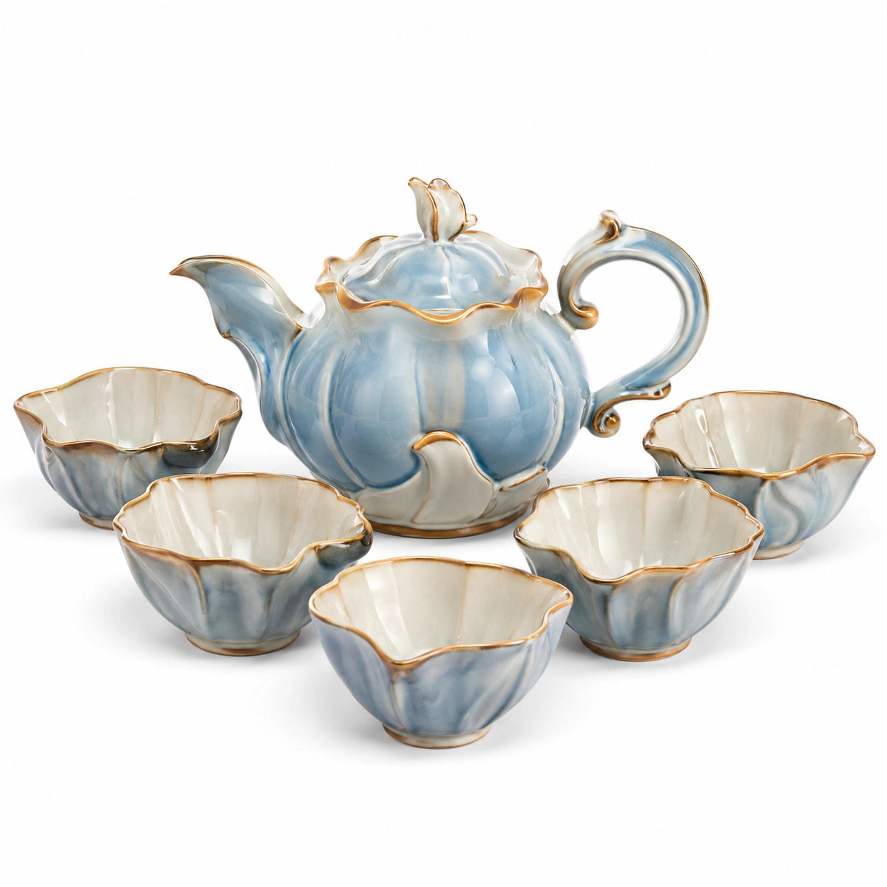 Blaues Keramik-Teeservice mit Goldrand, 5 Tassen