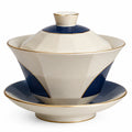 Gaiwan Set Porzellan mit Untertasse Creme Blau Gold