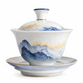 Teeschale-Set aus Porzellan mit Deckel und Untertasse - Weiß/Blau/Gold