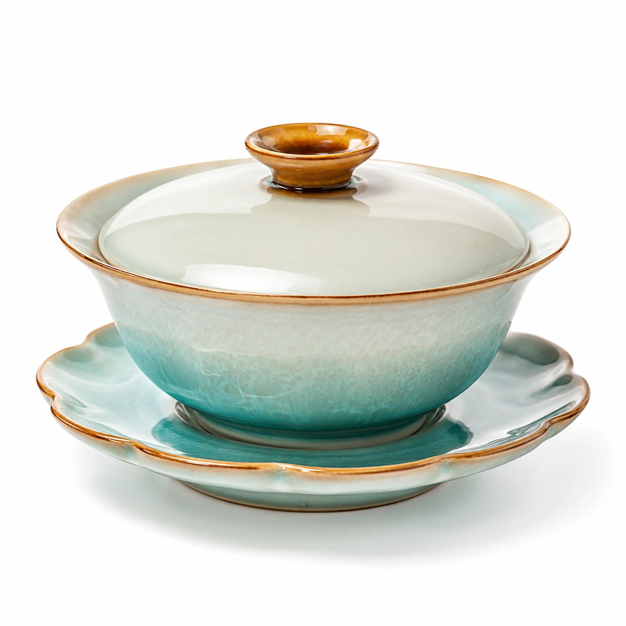 Keramik-Teeschale mit Deckel und Untertasse 300ml Blau-Grün