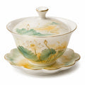 Porzellan Teetasse mit Deckel und Untertasse, Blumen-Design, Weiß/Grün/Gold