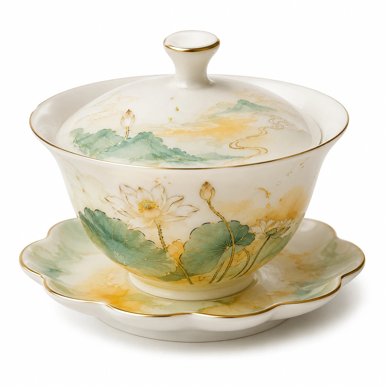 Porzellan Teetasse mit Deckel und Untertasse, Blumen-Design, Weiß/Grün/Gold