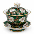 Handbemalte Porzellan-Suppenschüssel mit Blumenmuster und Deckel Grün/Weiß