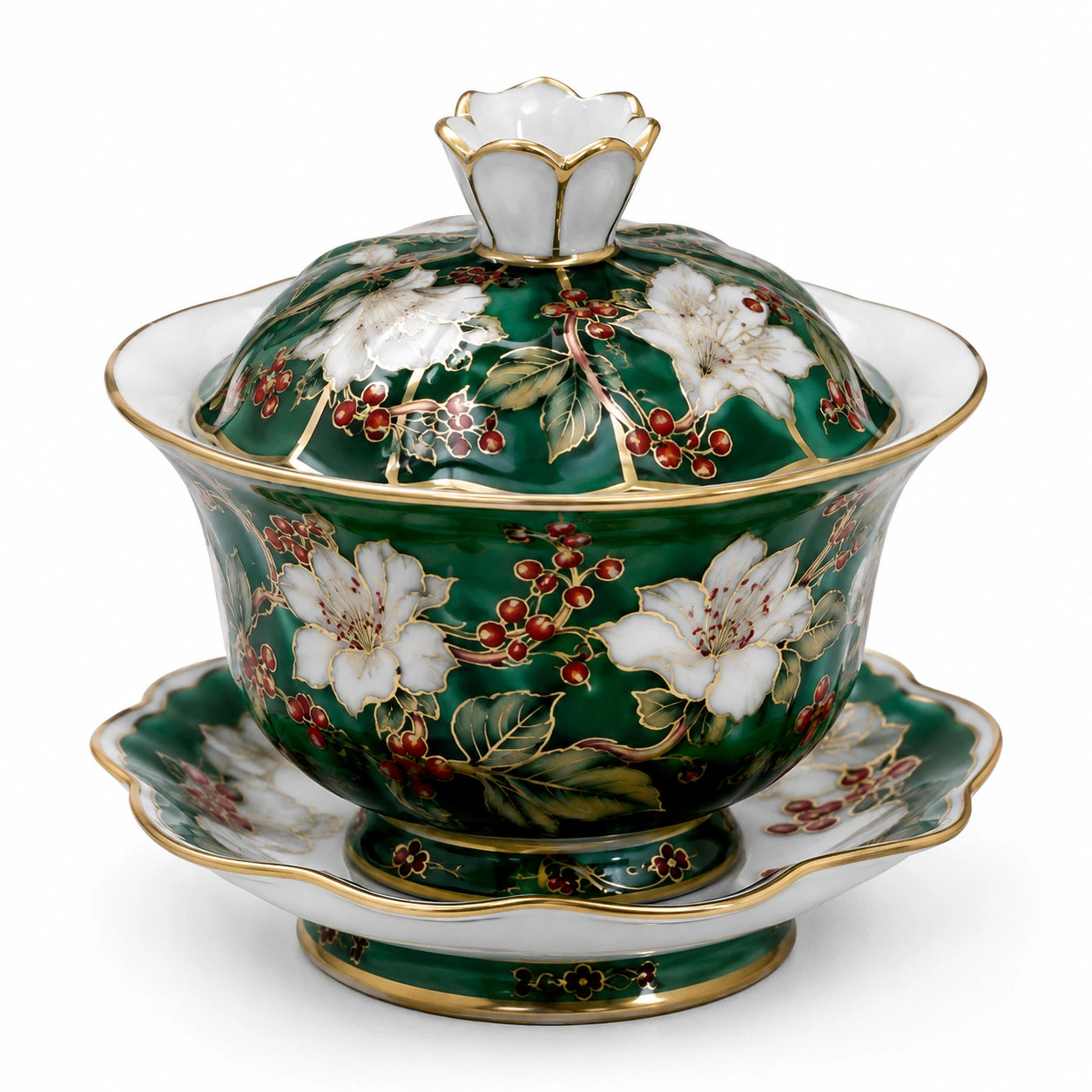 Handbemalte Porzellan-Suppenschüssel mit Blumenmuster und Deckel Grün/Weiß