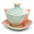 Porzellan Teeschale mit Deckel und Untertasse in Pastellgrün, Orange und Weiß