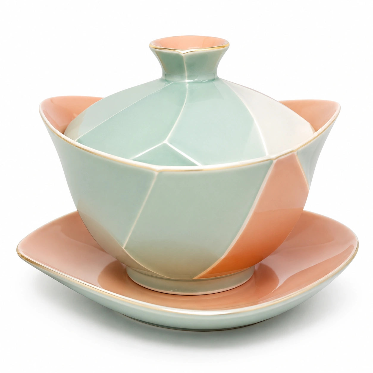 Porzellan Teeschale mit Deckel und Untertasse in Pastellgrün, Orange und Weiß