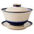 Elegante Suppenschüssel mit Deckel und Unterteller, Beige/Blau