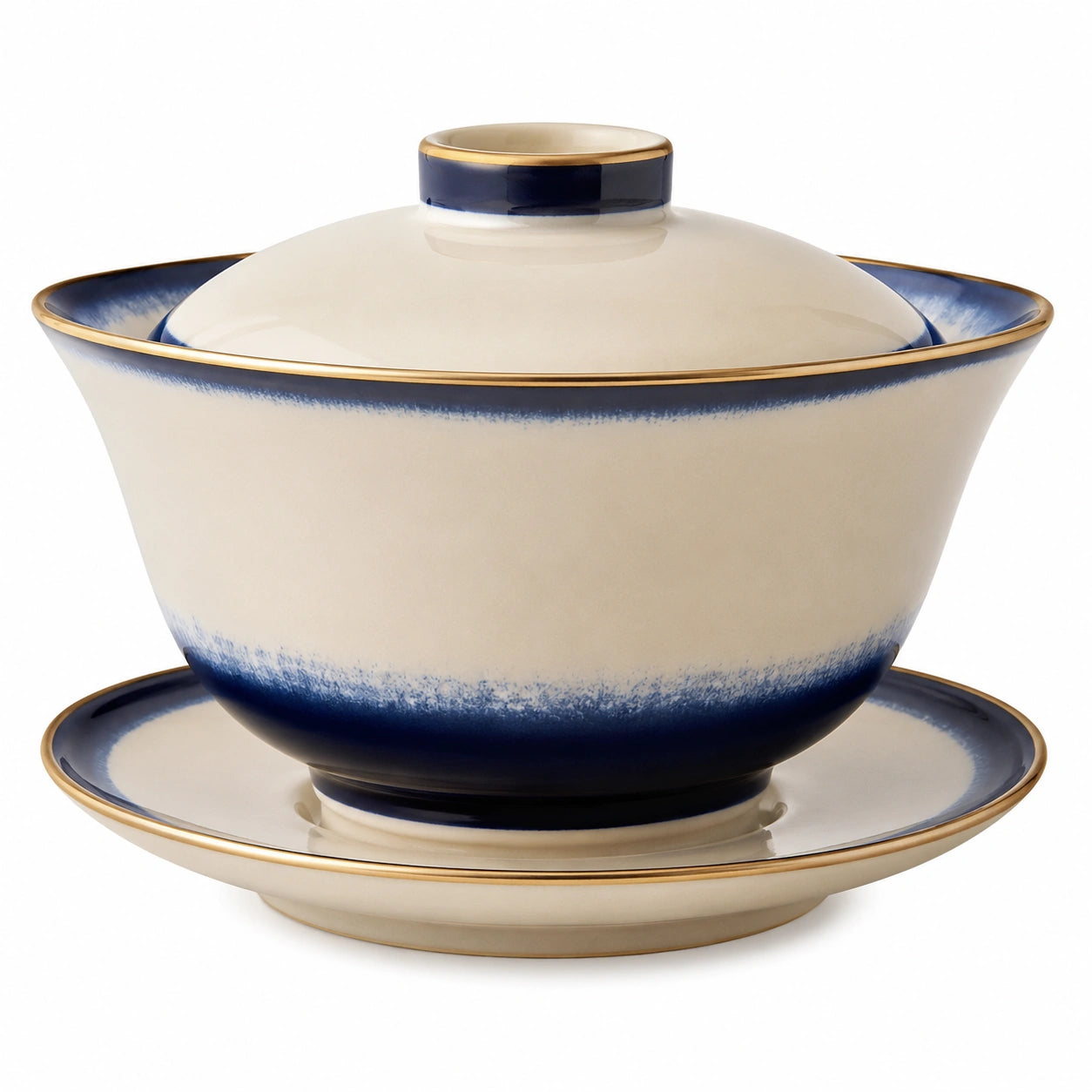 Elegante Suppenschüssel mit Deckel und Unterteller, Beige/Blau