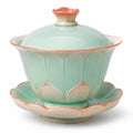 Elegante Teeschale in Lotusform mit Deckel und Untertasse, Grün/Orange