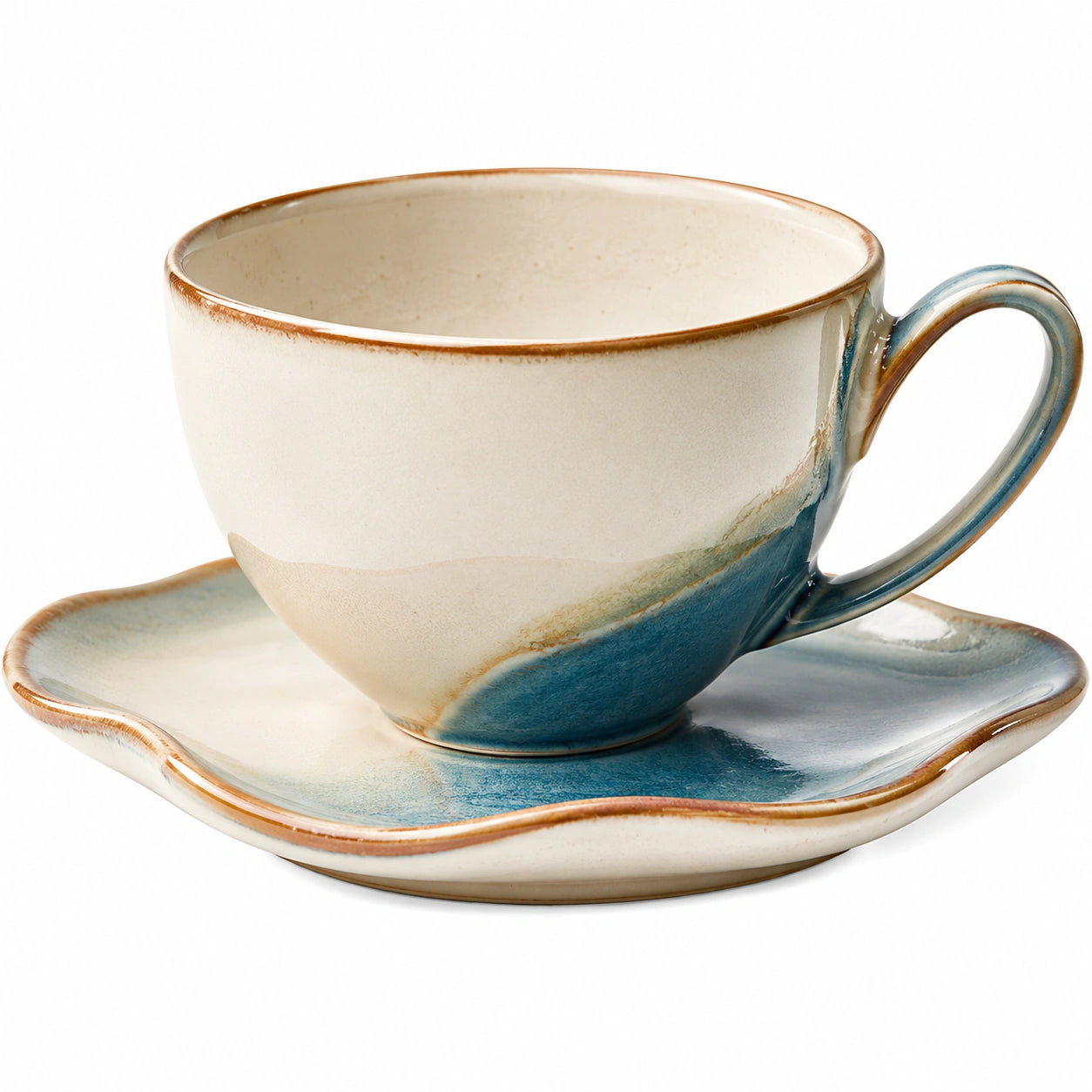 Keramik Teetasse mit Untertasse Beige/Blau