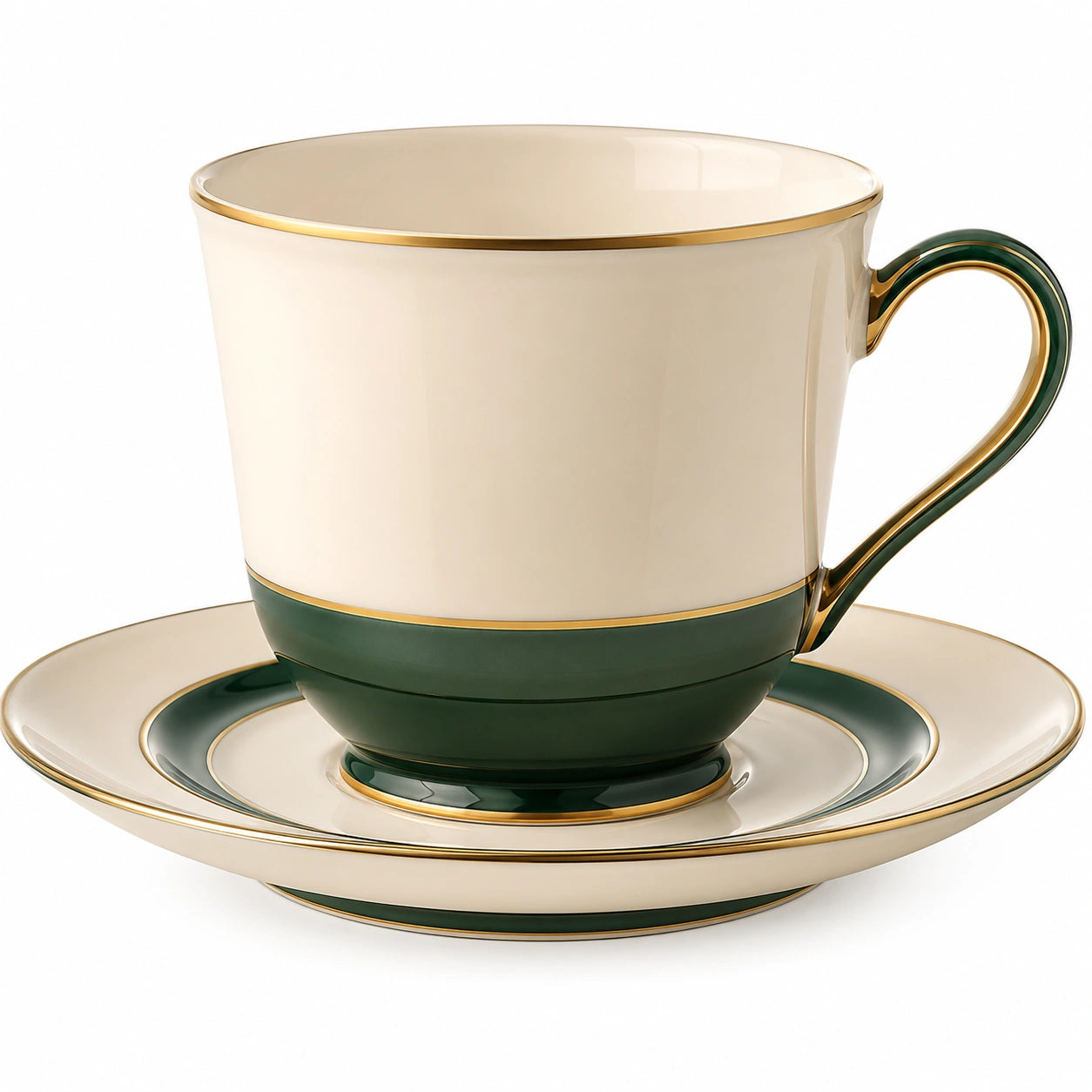 Porzellantasse mit Untertasse Elfenbein Grün Goldverzierung 250ml