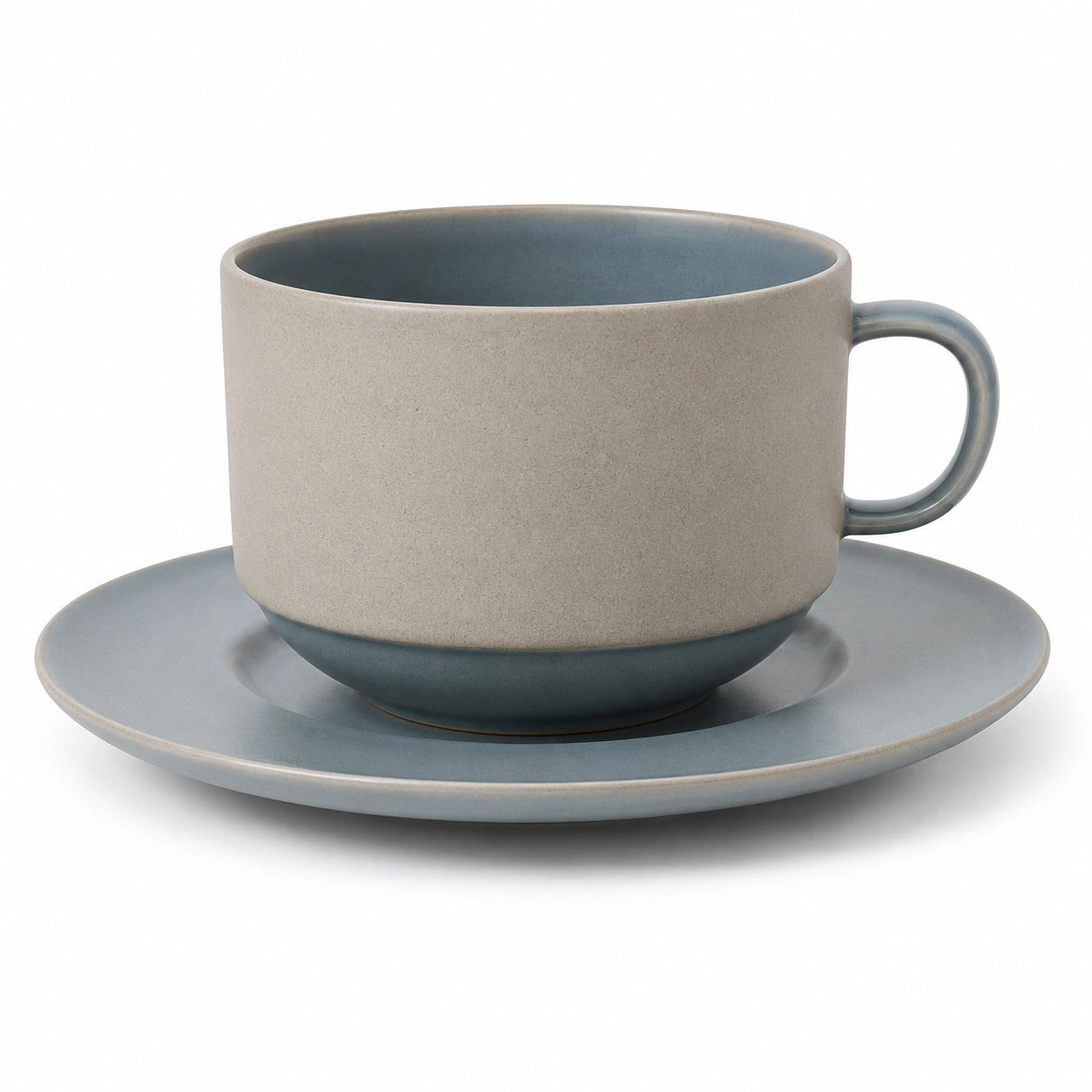 Große Grau-Blaue Keramik Kaffeetasse mit Untertasse Set