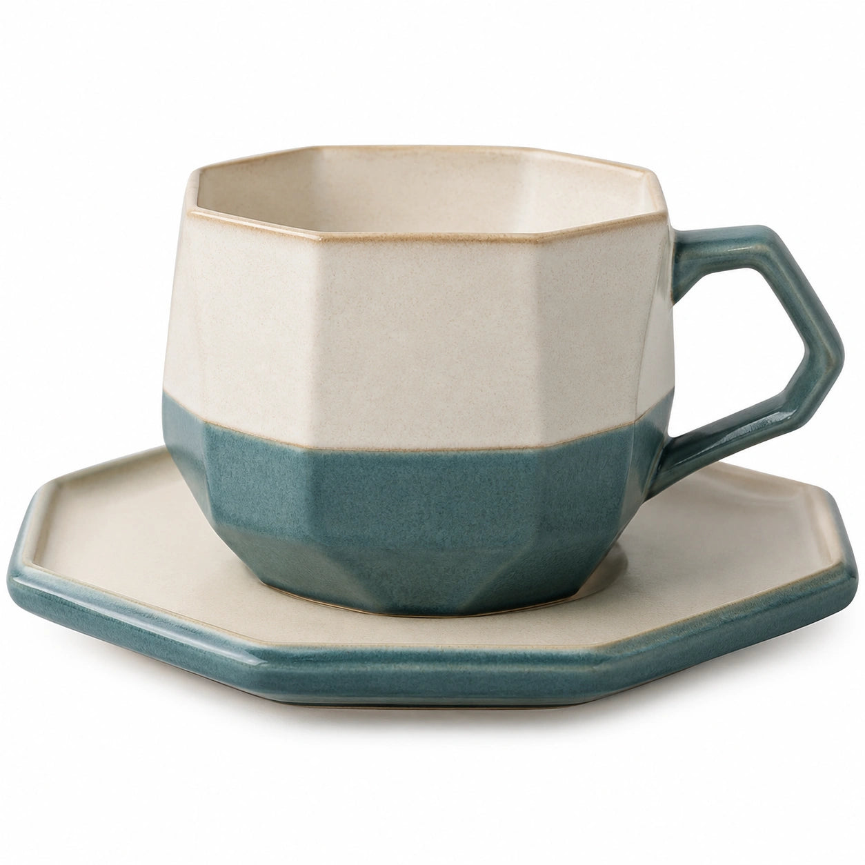 Beige/Blaue Achteckige Tasse mit Untertasse 250ml