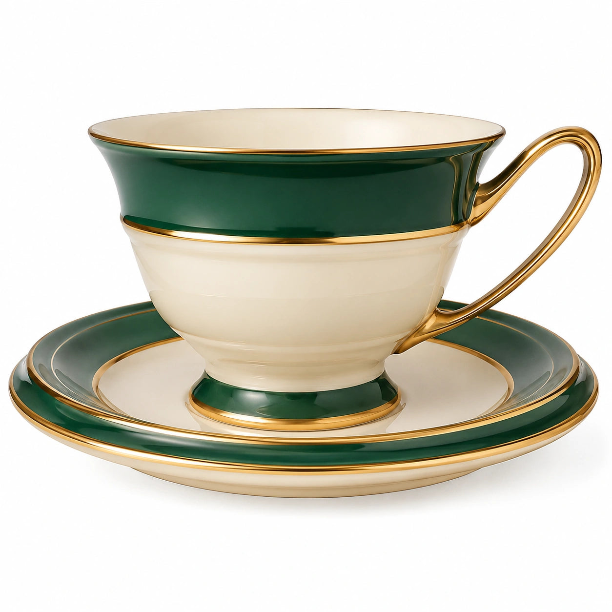 Elegantes Teetassen-Set Grün mit Goldrand