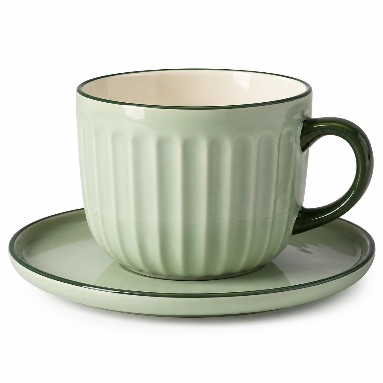 Große Keramiktasse mit Untertasse, Salbeigrün, 450ml