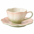 Keramische Teetasse mit Untertasse in Blütenform Grün/Rosa