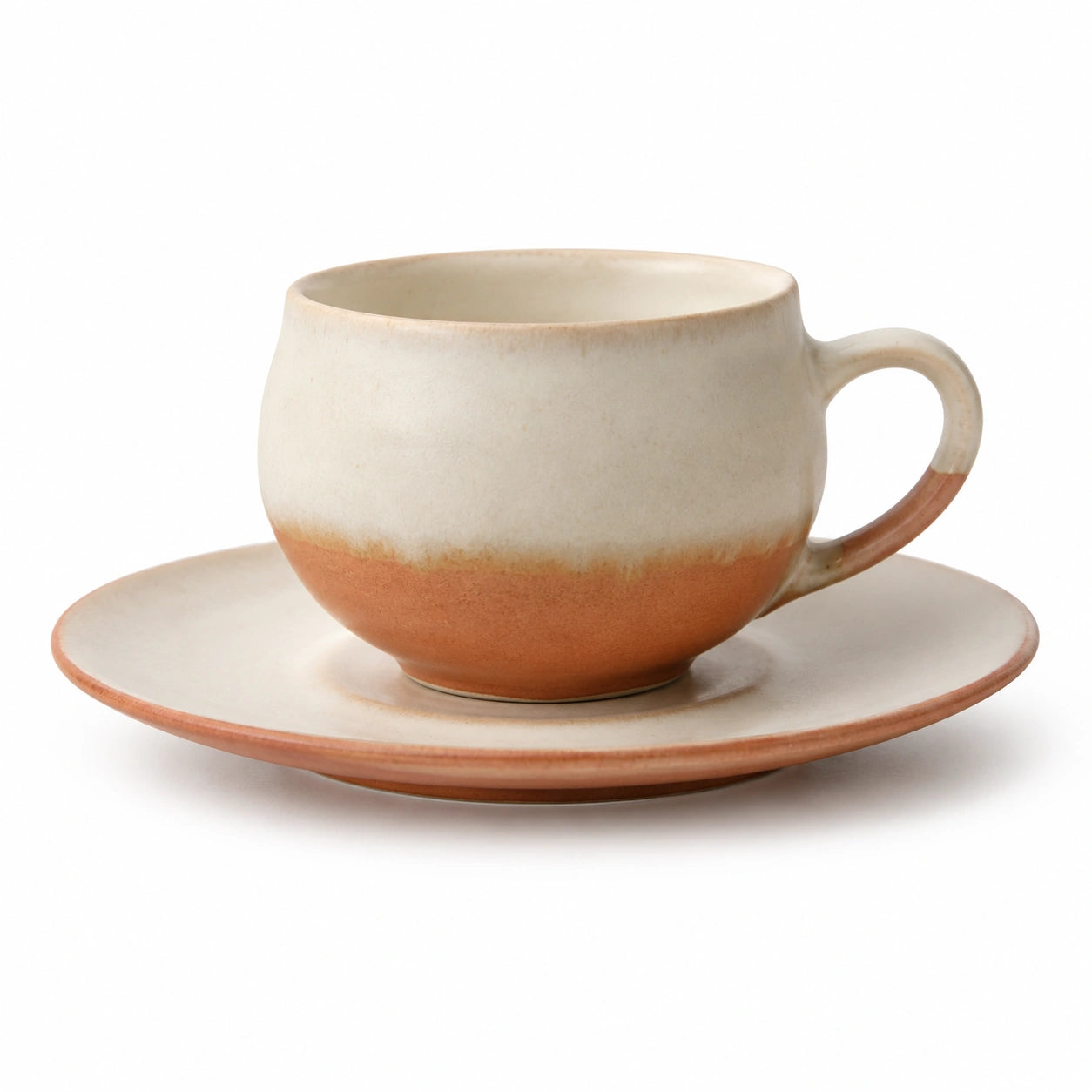 Handgefertigte Keramik Teetasse mit Untertasse Beige/Orange