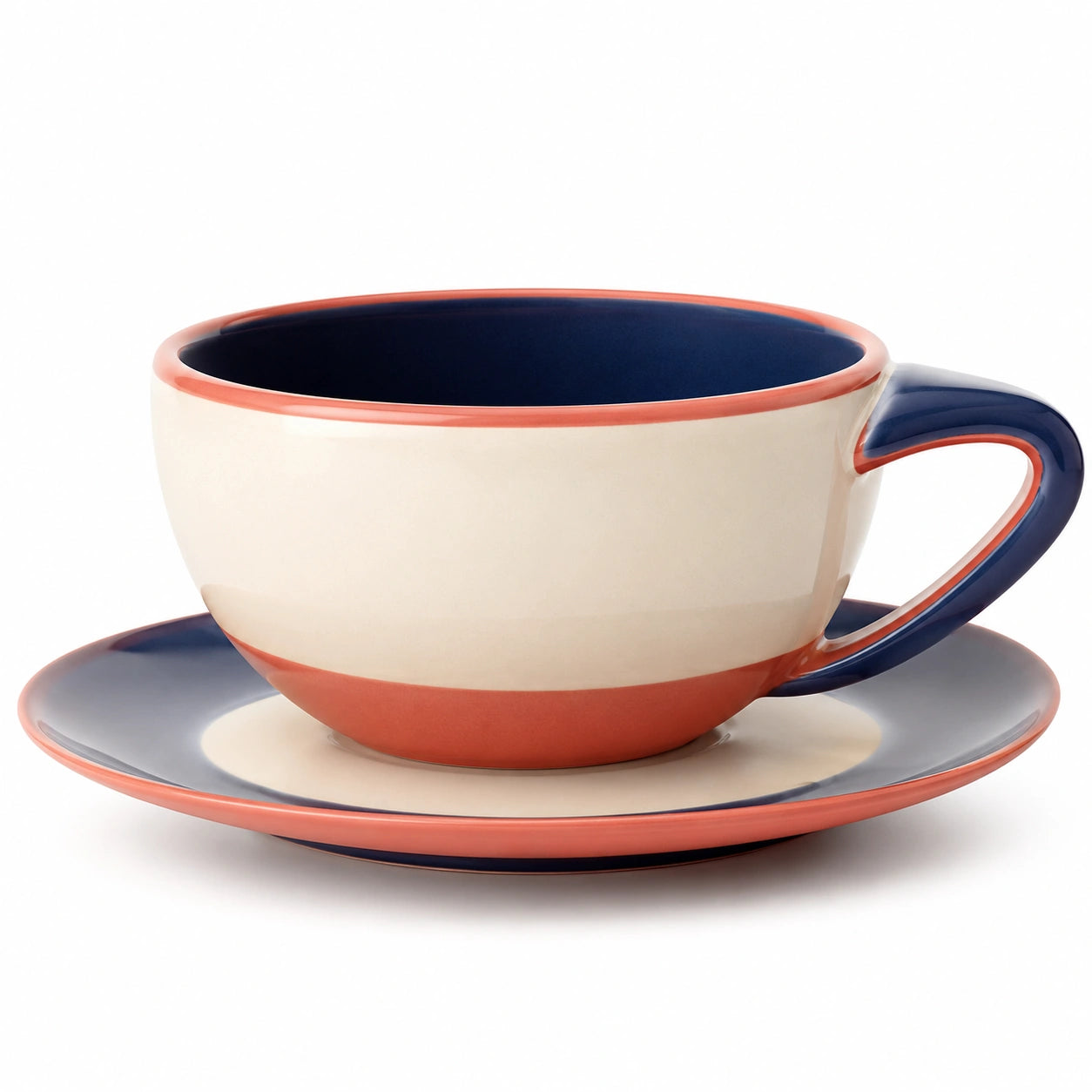 Keramik Kaffeetasse mit Untertasse 350ml Blau/Weiß/Orange