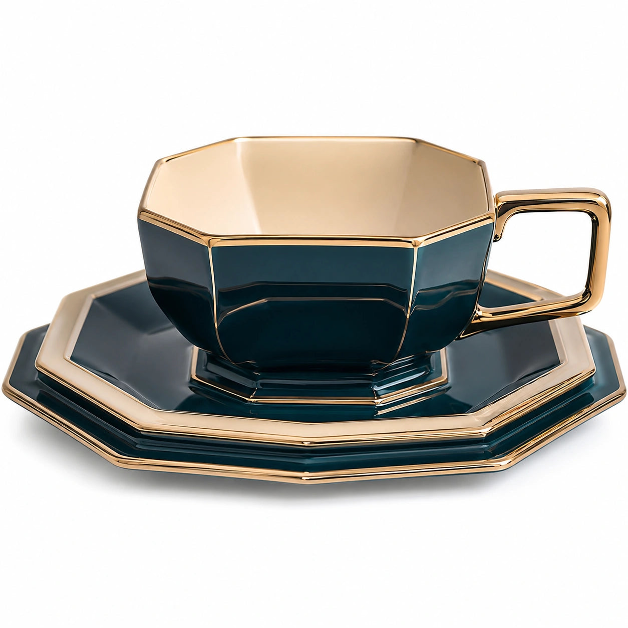 Achteckige Teetasse mit Untertasse Dunkelgrün mit Goldrand 250ml