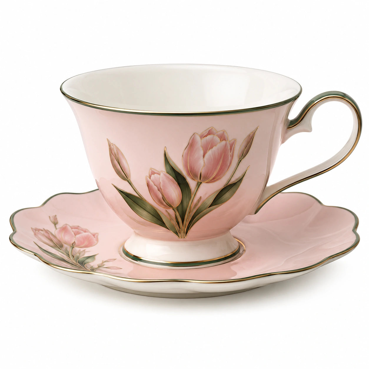 Handbemalte Rosa Porzellantasse mit Tulpendekor und Goldrand