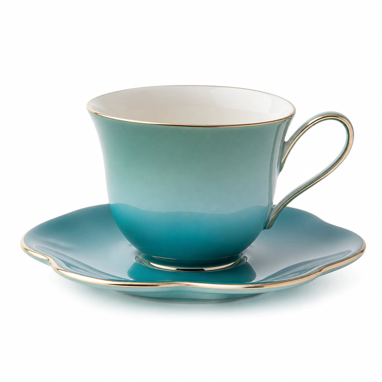 Elegante türkis-goldene Porzellantasse mit Untertasse