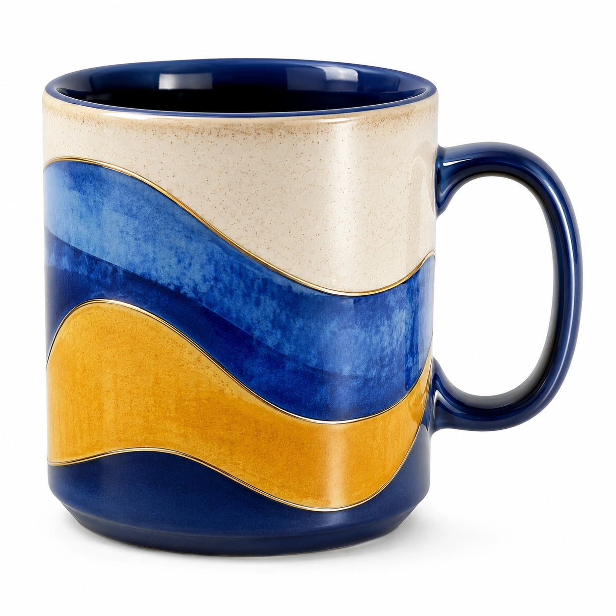 Keramiktasse mit Wellenmuster Blau Gelb, 350ml