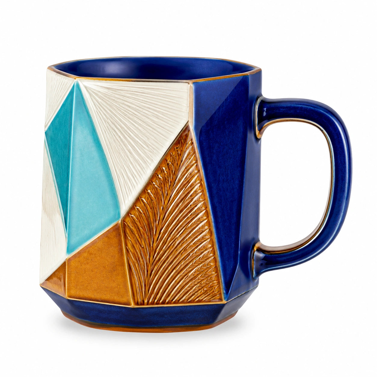 Geometrischer Keramikbecher in Blau, Weiß, Braun und Türkis