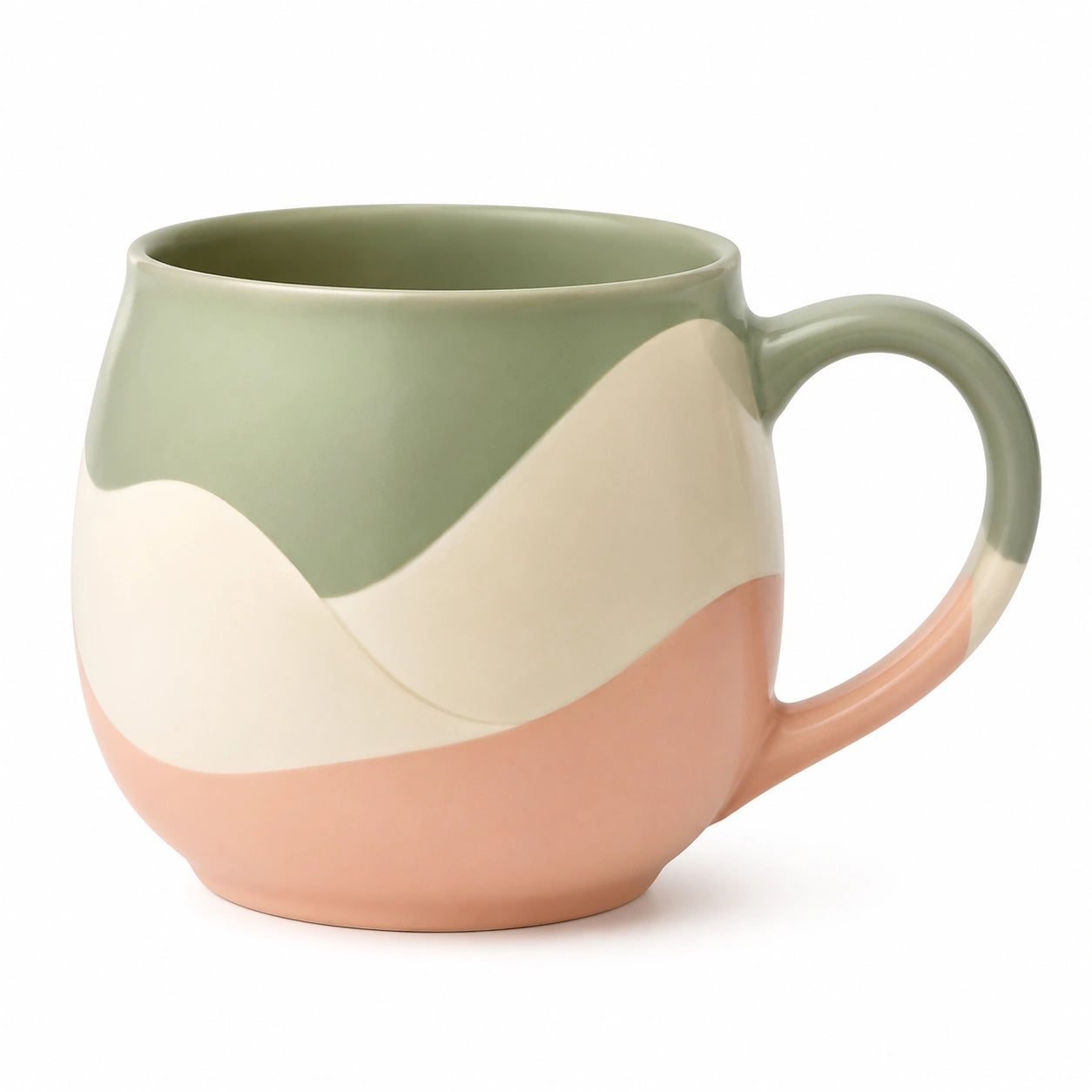 Keramiktasse 350ml mit ergonomischem Griff in Grün/Beige/Rosa